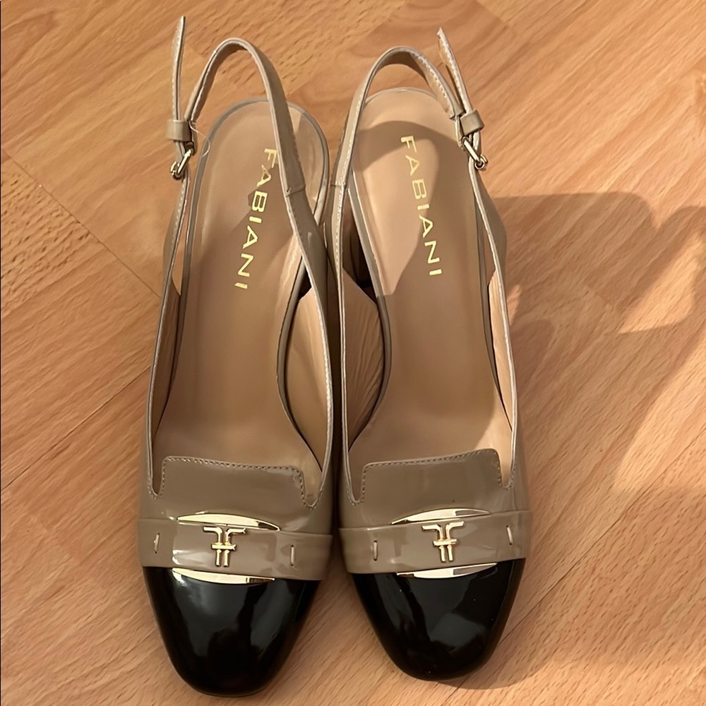 Beige and Black Slingback Heels